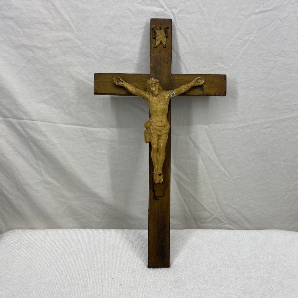 Antique Wooden Wall Crucifix 15.5" Religious Jesus Christ Plaster Corpus INRI